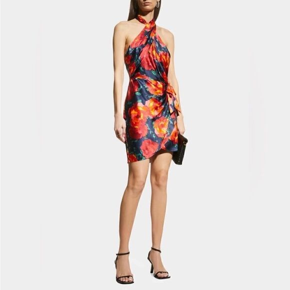 Cinq à Sept Trini Satin Floral Halter Neck Mini Wrap Dress, Size 10 NWT & 495.00 - Picture 1 of 14